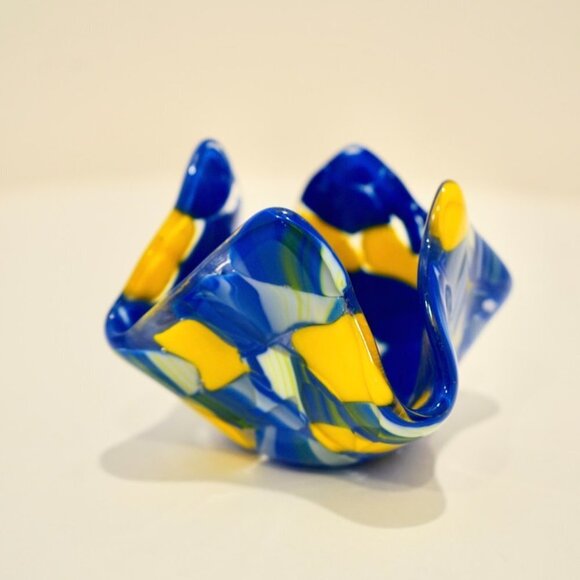 Blue & Yellow Blown Glass Hanker-chief Candle Votive - Picture 4 of 10